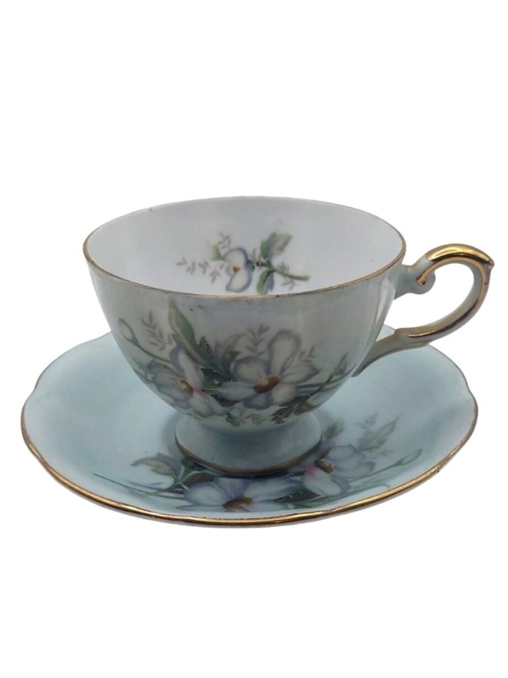 Dogwood Tea Cup Saucer Blue Porcelain Gold Trim Cherry China Japan MCM Vintage